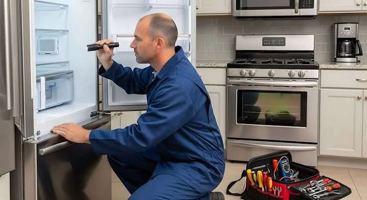 Technician examining an open refrigerator with a flashlight